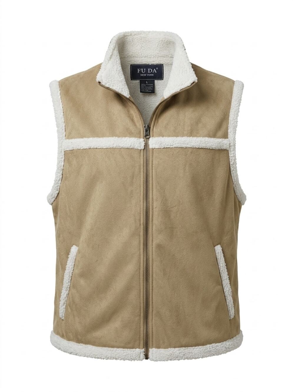 Fu Da New York Beige Faux Suede Sherpa Trim Fleece Lined Vest Women Size L